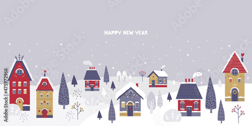 Cozy snowy town on the background of a winter landscape. Cute christmas houses, falling snow, snowdrifts, winter forest. Happy New Year and Merry Christmas. Horizontal banner in Scandinavian style.