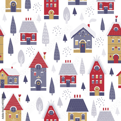Snowy town on winter landscape. Vector seamless pattern. Hand drawn background of village houses, Christmas trees, falling snow in Scandinavian style. Happy New Year and Christmas illustration.