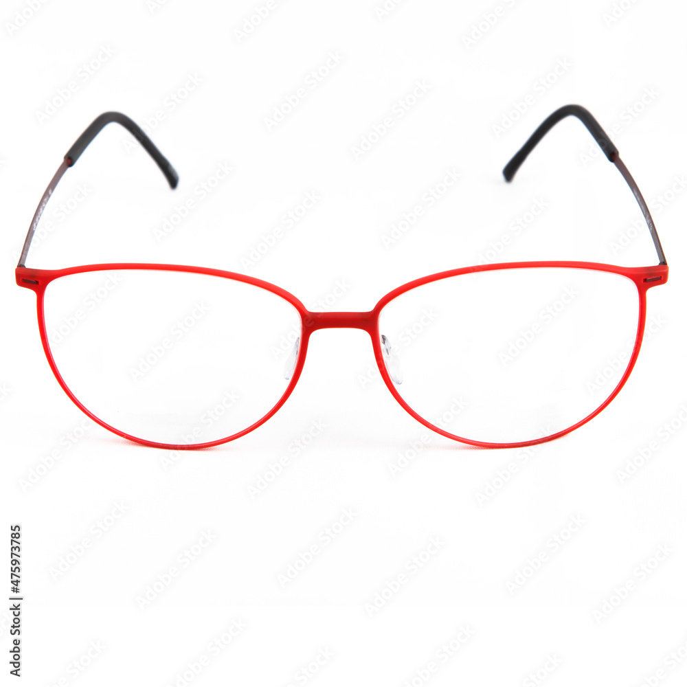 Red glasses frames on white background. Sun goggles and glasses for vision in red frames. Red glasses frames on white background. Sun goggles and glasses for vision in red frames.