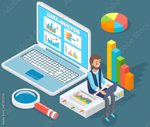Businessman analyzes statistical indicators, business data. Man studies infographics and project financing. Business analytics data accounting. Employee sits on laptop and works with statistics