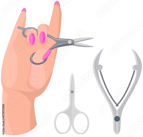 Various manicure accessories and tools. Hand care products, supplies. Manicure master equipment, scissors and nail clippers vector illustration. Manicurist supplies for working with nails and cuticles