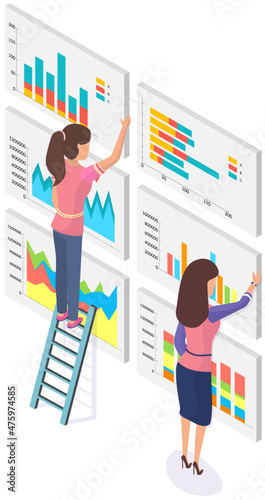 Women study business finance on posters, graphic report web infographic vector. Business statistics and data analysis on background. Employees work with statistical indicators, graphs, diagrams