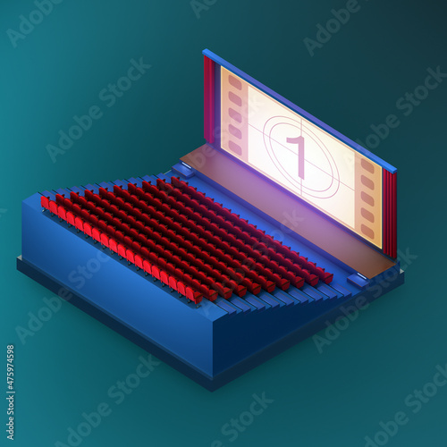 Isometric style cinema theatre 3d illustration