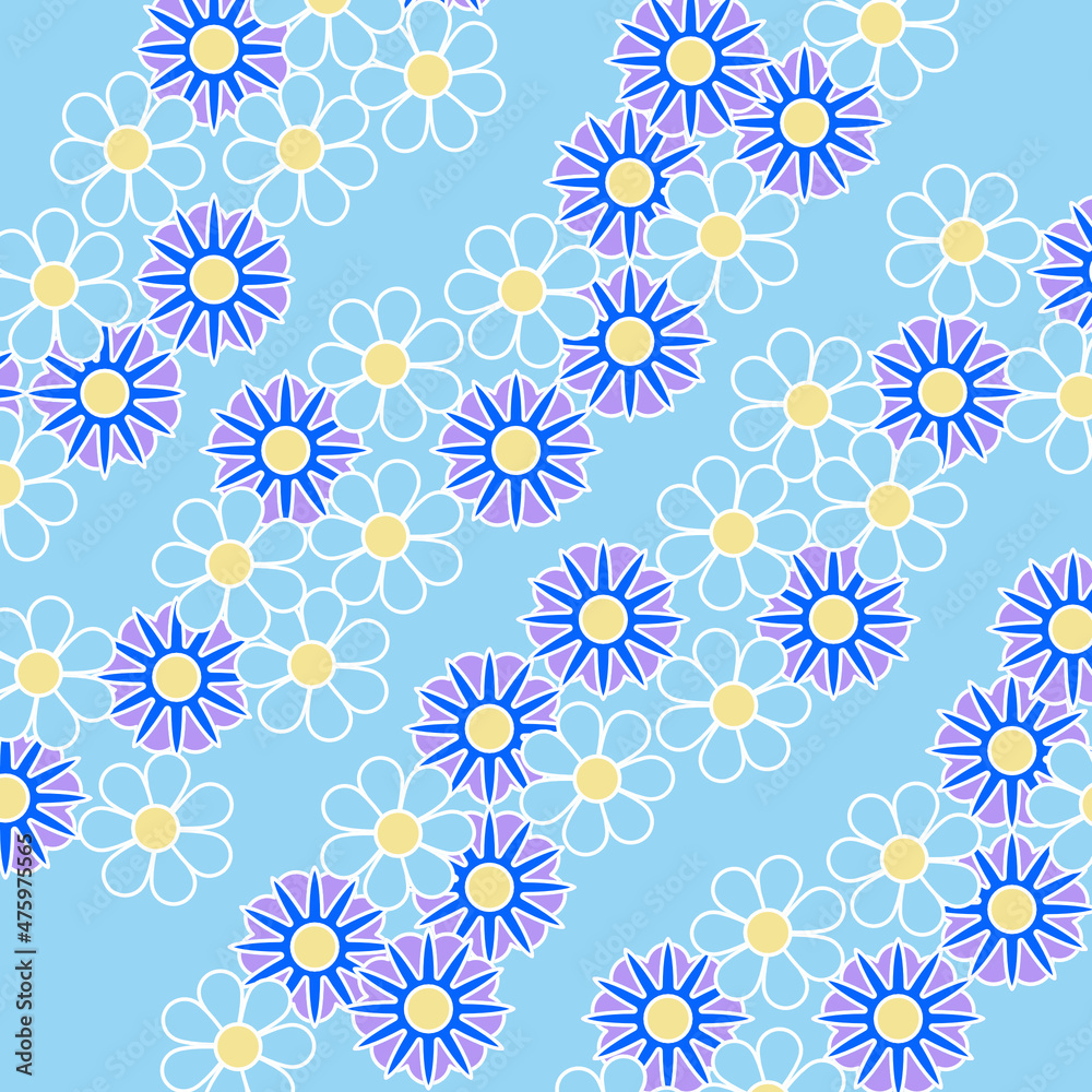 Floral pattern of abstract daisies on a blue background for cover, decoration.