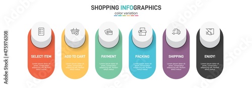 Concept of shopping process with 6 successive steps. Six colorful graphic elements. Timeline design for brochure, presentation, web site. Infographic design layout.