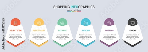 Concept of shopping process with 6 successive steps. Six colorful graphic elements. Timeline design for brochure, presentation, web site. Infographic design layout.