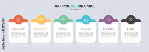 Concept of shopping process with 6 successive steps. Six colorful graphic elements. Timeline design for brochure, presentation, web site. Infographic design layout.