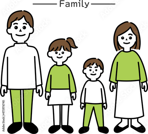 父、娘、息子、母の4人家族のイラスト。