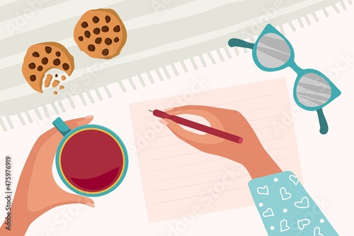 Blank paper sheet on table, person going to write something. Letter pattern, hand with pen, hand with tea mug, cookies, eyeglasses. note, letter, essay. Flat vector illustration