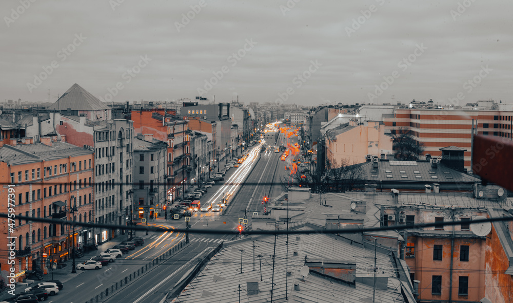 Top view of the evening Ligovsky Prospekt in St. Petersburg