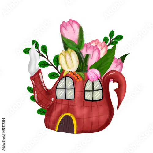 Watercolor teapot house with floral rose. Home sweet home hand drawn illustration isolated on white background. Picture for a postcard, souvenir, decor