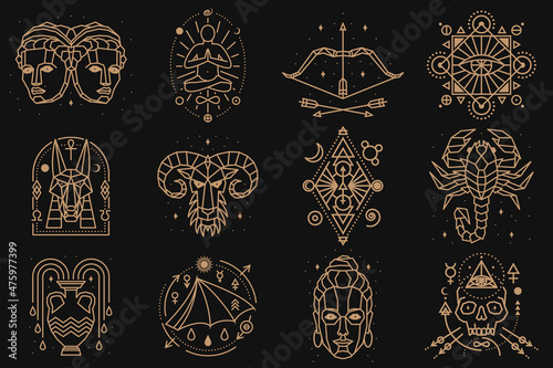 Esoteric and zodiacal symbols. Vector illustration. Outline icon for alchemy, sacred geometry. Mystic or magic design with zodiac sign.