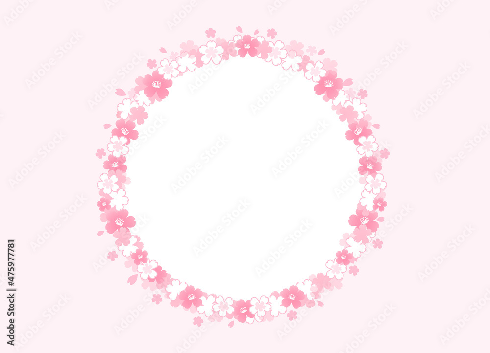 イラスト素材: 桜柄の円フレーム　横位置（背景/淡いピンク色無地）ベクター
