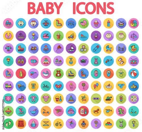 Baby icons set. Flat related icons set with long shadow for web and mobile applications. It can be used as - logo, pictogram, icon, infographic element