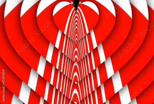 concentric patterns and puzzle design from vivid red and white parabolic concentric convex concentric stripes