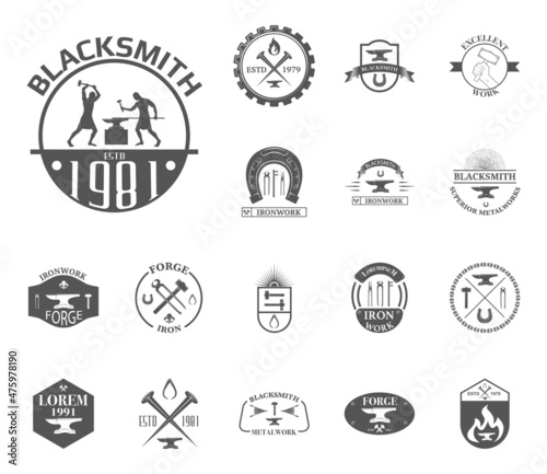 Set of vintage blacksmith labels, badges, emblems and design elements