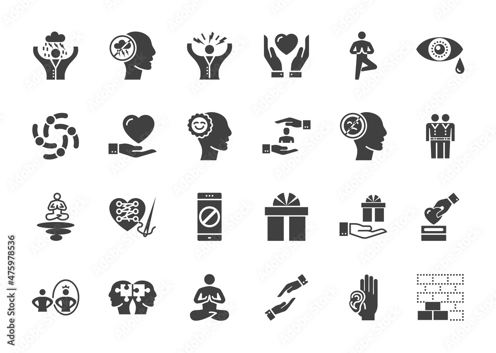Conscious Living and Friends Relations Thin Glyph Related Icons Set on White Background. Simple Pictogram Pack Stroke Logo Concept for Web