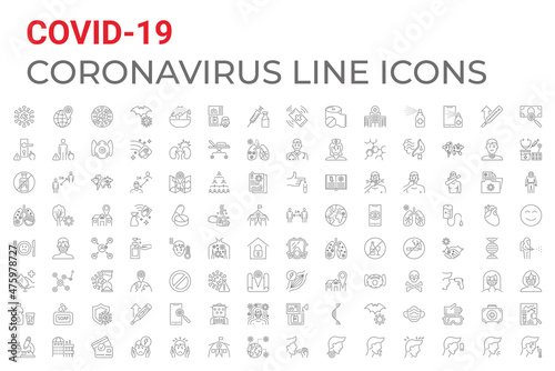 Coronavirus COVID-19 pandemic respiratory pneumonia disease related icons set line style. Included icons symptoms, transmission, prevention, treatment, virus, outbreak, contagious, infection 2019-nCoV