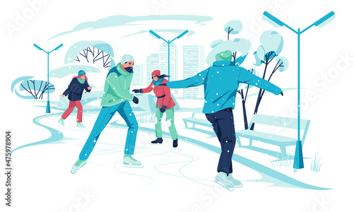 Several people go ice skating in a winter city park. Winter fun. flat vector illustration