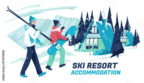 Two snowboarders, a man and a woman, walk towards the wooden chalet houses against the backdrop of a winter landscape. Accommodation in a ski resort. Winter sports. Flat vector illustration