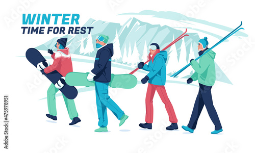 skiers and snowboarders in equipment climb a snow-covered hill against the backdrop of a mountain winter landscape. Four friends. Lifestyle. Extreme winter sports. Flat vector illustration.