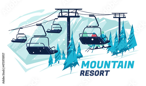 Ski lift with people on the background of the winter mountain landscape. Extreme winter sports. Lifestyle. Flat vector illustration.