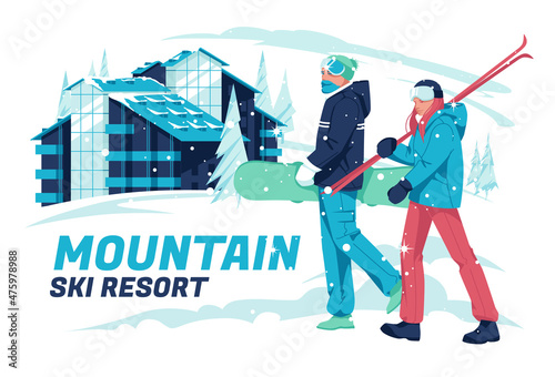 Two snowboarders, a man and a woman, walk to a mountain hotel in the background of a winter landscape. Accommodation in a ski resort. Winter sports. Flat vector illustratio