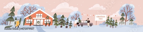 Christmas tree farm panorama. Xmas firs fair in farmhouse. People buying fresh organic firtrees at local market on winter holidays. New Year sale outdoors, panoramic view. Flat vector illustration