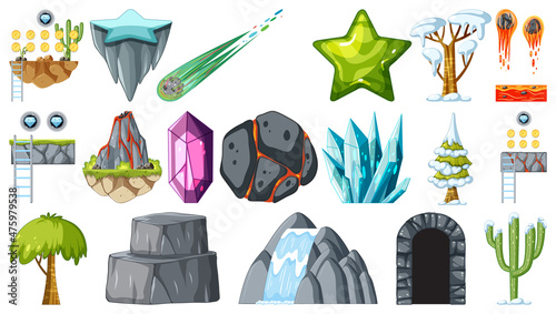 Set of isolated fantasy space game objects and elements