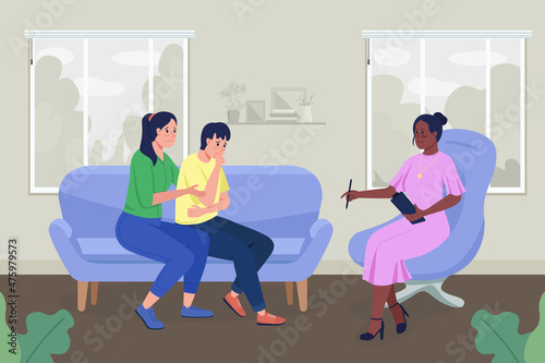 Mental health counseling for teen flat color vector illustration. Disturbed mother with son talking with professional psychologist 2D cartoon characters with counseling room on background
