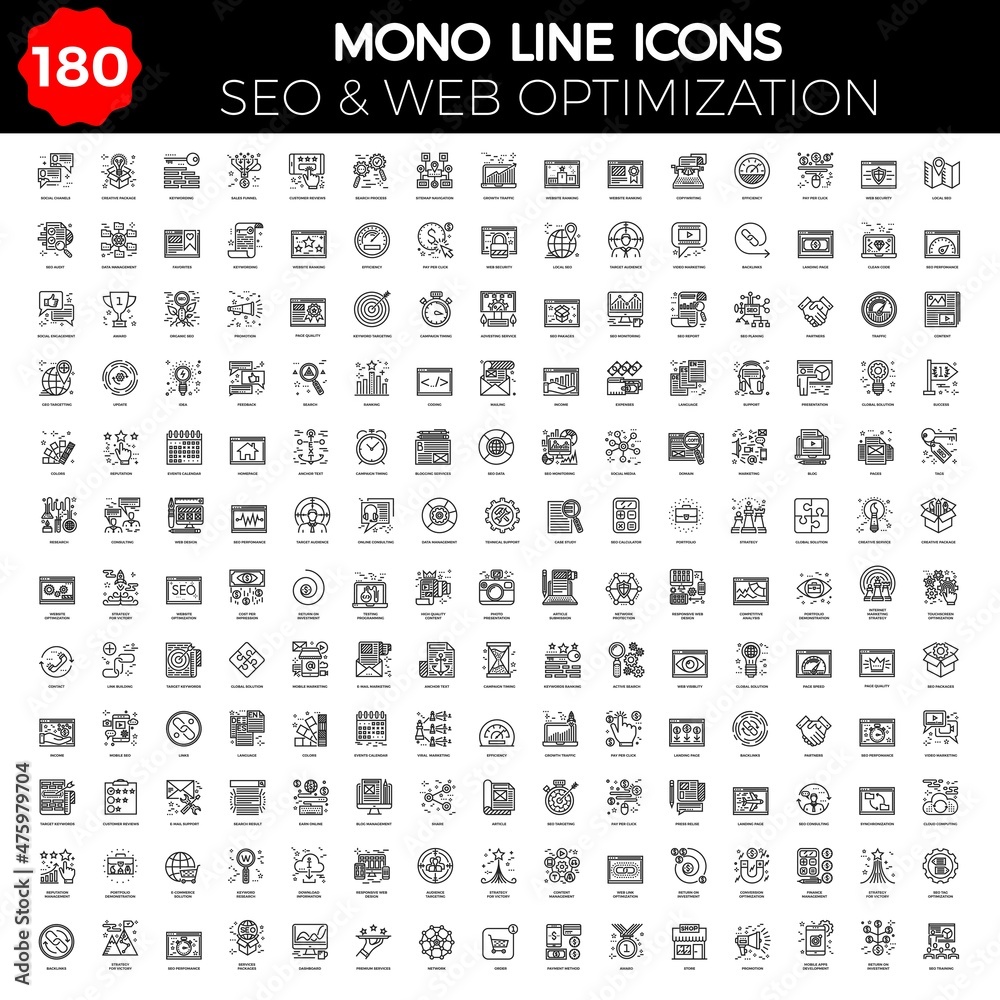 Fotografie Thin Line Icons Set of Search Engine Optimization, Website and APP Design and Development