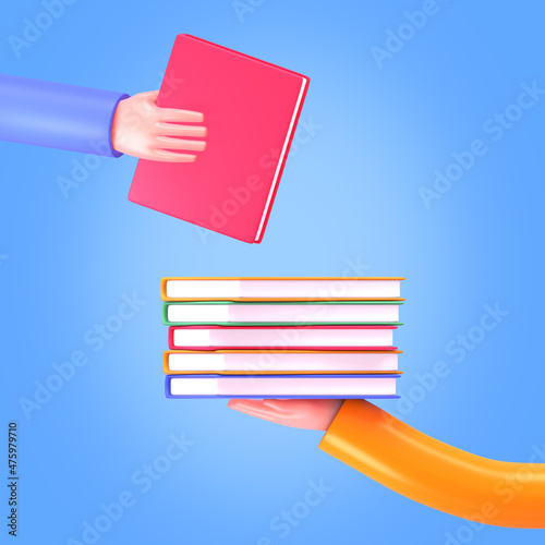 3d render of hands holding books. Education, study concept