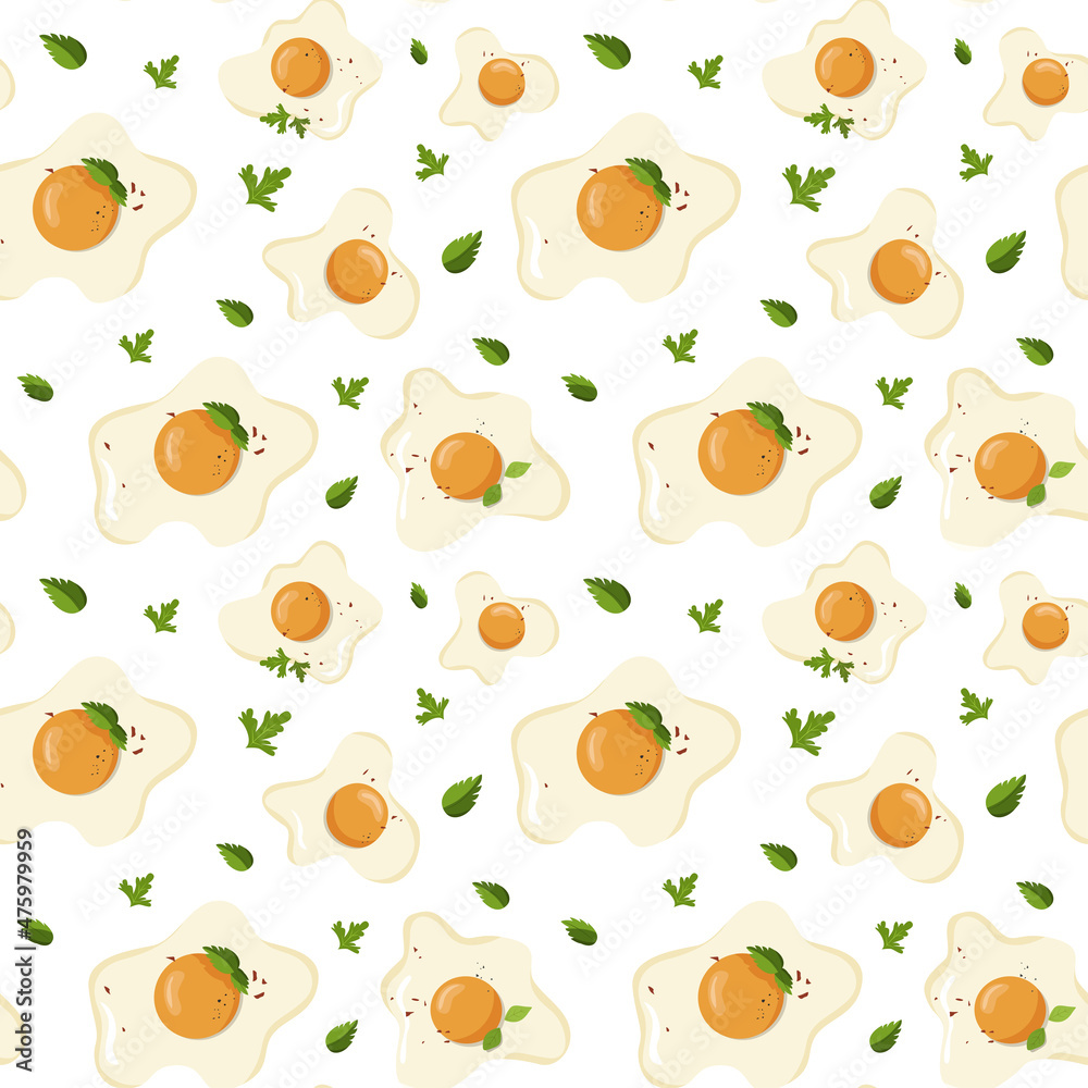 Seamless vector pattern, fried eggs and greens