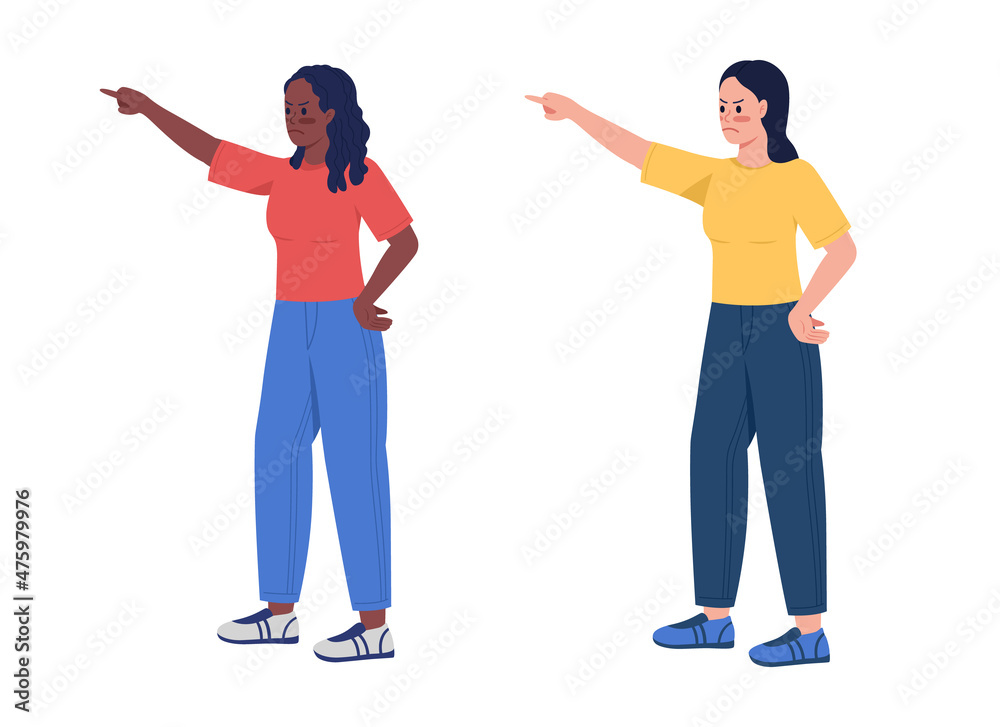 Angry women pointing with fingers semi flat color vector characters set.  Full body people on white. Hand gesture isolated modern cartoon style  illustration collection for graphic design and animation Stock Vector |