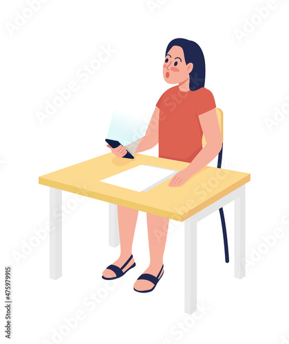 Surprised female preschooler with smartphone semi flat color vector character. Full body person on white. Primary school isolated modern cartoon style illustration for graphic design and animation