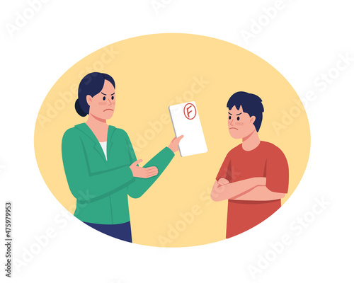 Scolding for bad academic performance 2D vector isolated illustration. Mother nagging son with poor results flat characters on cartoon background. Parent child conflict colourful scene