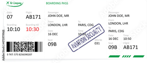 Vector template of a green airline boarding pass ticket.
