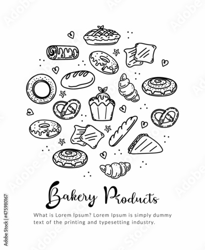 Bakery and pastry collection with various sorts of bread, croissant, pretzel, french baguette, rolls, bagels, cupcake, cakes, muffins. Hand drawn doodle style vector illustrations isolated on white.