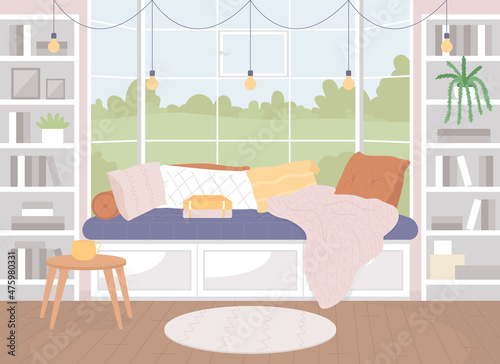 Cozy living room flat color vector illustration. Comfortable sofa between book shelves. Pillows and blankets for comfy seating. Nordic style 2D cartoon interior with furnishing on background