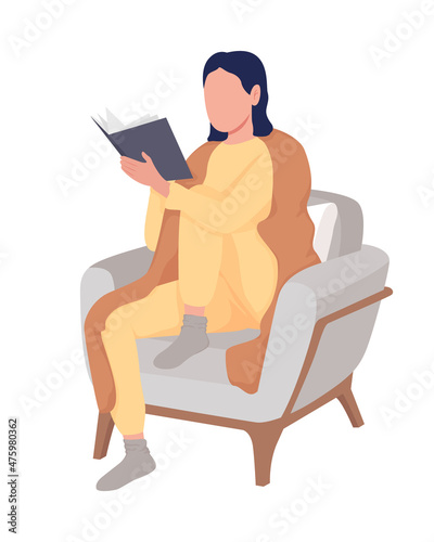 Girl read on sofa semi flat color vector characters. Interacting figures. Full body people on white. Cozy lifestyle isolated modern cartoon style illustration for graphic design and animation
