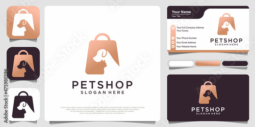 Pet shop logo design vector , cat and dog with shopping bag and business card .