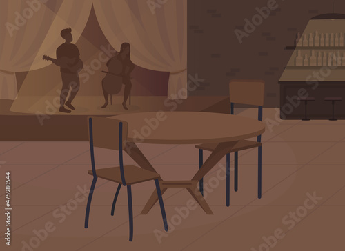Dark and romantic atmosphere in restaurant flat color vector illustration. Intimate ambience. Cozy bar atmosphere 2D cartoon interior with musicians stage performance and bar counter on background