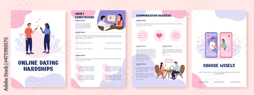Online dating hardships flat vector brochure template. Flyer, booklet, printable leaflet design with flat illustrations. Magazine page, cartoon reports, infographic posters with text space