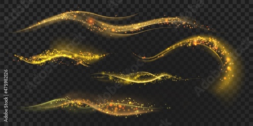 Valokuvatapetti Golden magic light waves with star dust, glitter and sparkles