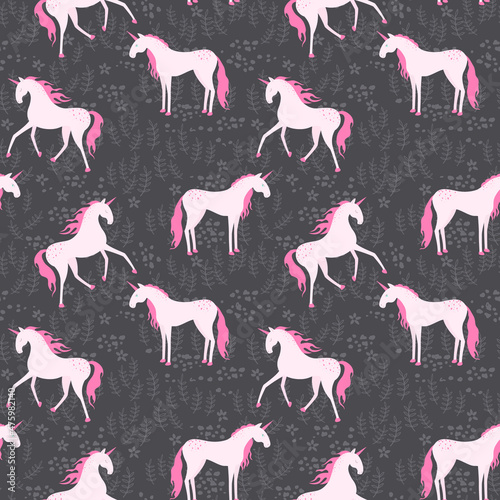 Vector pattern with unicorns on a dark background with plants.