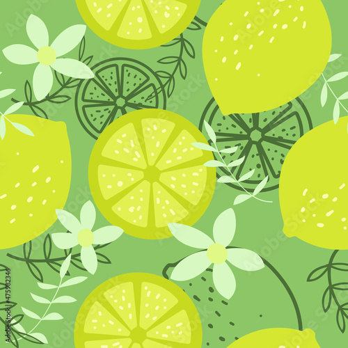Vector pattern with lemon, lemon slices and flowers. Yellow-green background. Flat naive.
