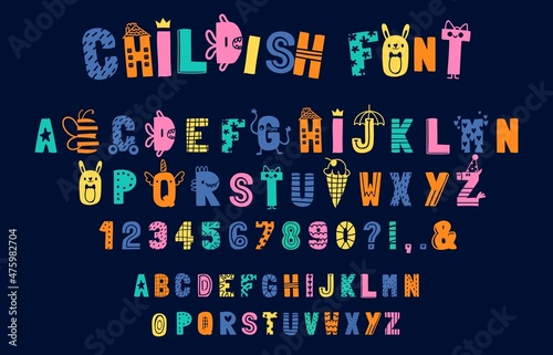 Funny childish alphabet, doodle creative font for kids. Playful english abc letters and numbers. Typography in scandinavian style vector set