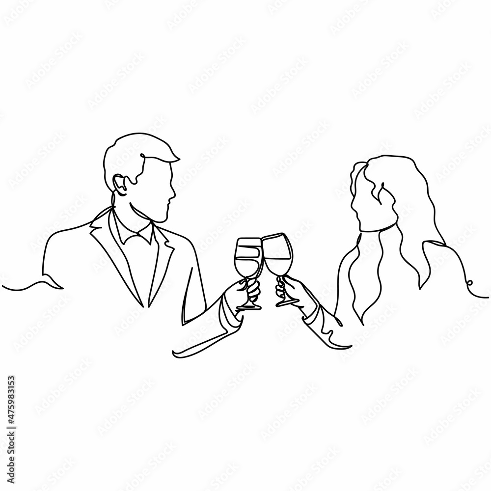 Continuous one simple single line drawing of lovely couple with wine glasses valentines day icon in silhouette on a white background. Linear stylized.