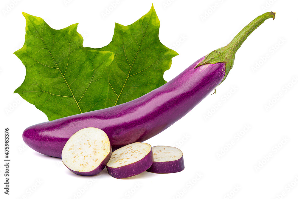Sliced purple eggplant and purple eggplant, with green leaves. isolated on a white background ...
