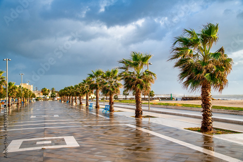 Lungomare of Mazara del Vallo at sunset. Boulevard along the ocean.